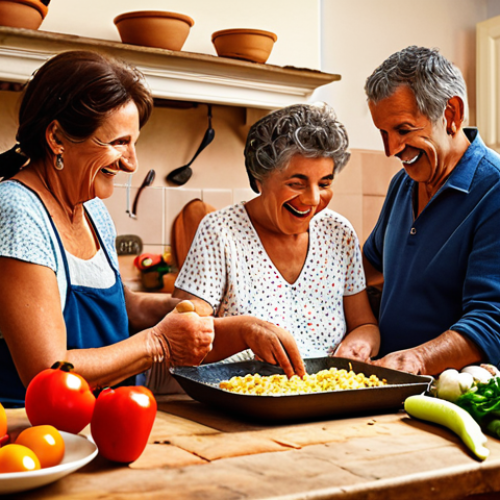 A warm, brightly lit scene depicting a multi-generational family in Sardinia, Italy, preparing a meal together. Grandparents, parents, and children are all actively involved, laughing and sharing stories. The kitchen is rustic and cozy, filled with fresh, colorful vegetables and local ingredients. Focus on capturing the strong sense of family connection and the passing down of traditions.