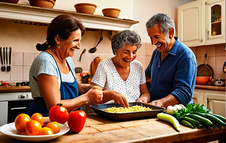 A warm, brightly lit scene depicting a multi-generational family in Sardinia, Italy, preparing a meal together. Grandparents, parents, and children are all actively involved, laughing and sharing stories. The kitchen is rustic and cozy, filled with fresh, colorful vegetables and local ingredients. Focus on capturing the strong sense of family connection and the passing down of traditions.