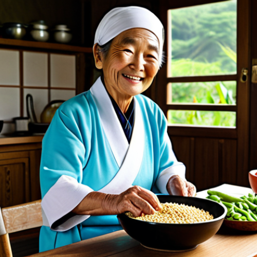 A wise elderly Okinawan woman, with a gentle smile, dressed in modest traditional clothing, preparing a simple, plant-based meal in a sunlit traditional kitchen. Fresh vegetables, whole grains, and legumes are neatly arranged on a rustic wooden table. The scene emphasizes community and wholesome living. Perfect anatomy, correct proportions, natural pose, well-formed hands, proper finger count. Professional photography, high quality, vibrant colors, warm lighting. safe for work, appropriate content, fully clothed, family-friendly.