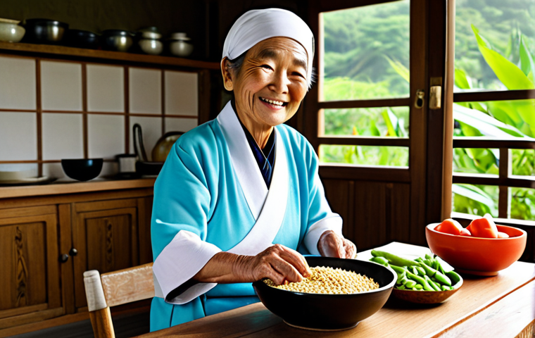 A wise elderly Okinawan woman, with a gentle smile, dressed in modest traditional clothing, preparing a simple, plant-based meal in a sunlit traditional kitchen. Fresh vegetables, whole grains, and legumes are neatly arranged on a rustic wooden table. The scene emphasizes community and wholesome living. Perfect anatomy, correct proportions, natural pose, well-formed hands, proper finger count. Professional photography, high quality, vibrant colors, warm lighting. safe for work, appropriate content, fully clothed, family-friendly.