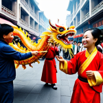 블루존 지역의 커뮤니티 활동 - Community Festival**

"A vibrant street festival in a modern Chinese city, fully clothed families en...