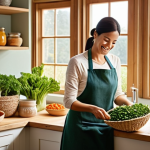 블루존에서의 식사 준비 및 계획 - A brightly lit, rustic kitchen scene. A woman in her late 30s, with a warm smile, dressed in comfort...