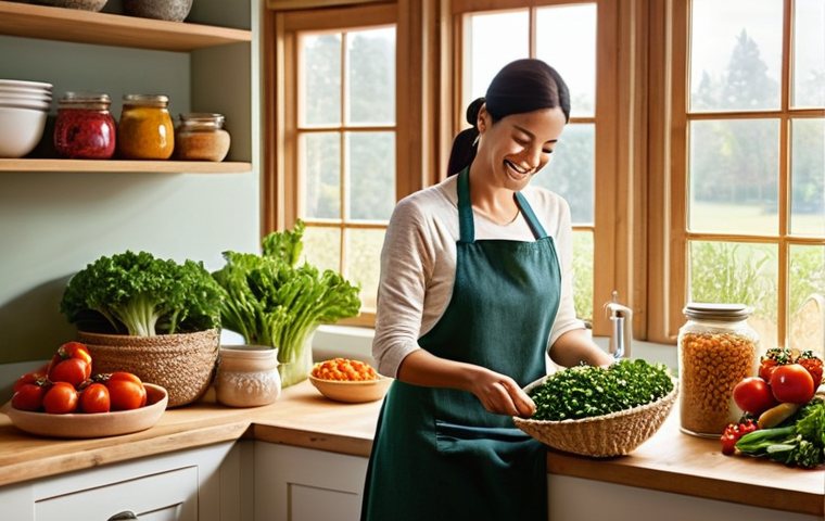 블루존에서의 식사 준비 및 계획 - A brightly lit, rustic kitchen scene. A woman in her late 30s, with a warm smile, dressed in comfort...