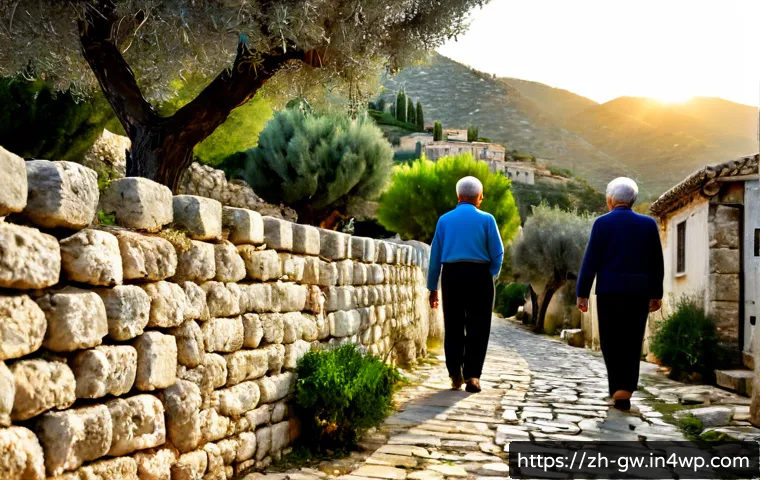 블루존 지역의 역사와 문화적 배경 - Photorealistic documentary-style scene in a historic Sardinian mountain village at golden hour, thre...