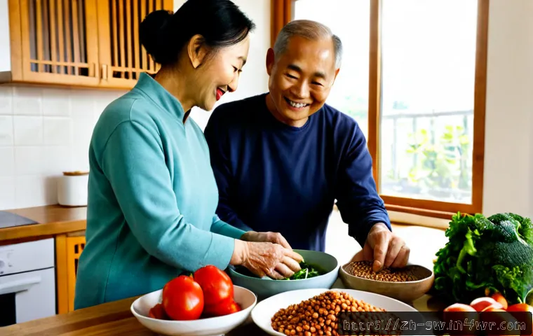 블루존 생활방식에 대한 FAQ - Photorealistic warm lifestyle scene of an active older East Asian couple preparing a colorful plant-...